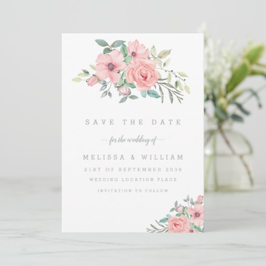 Waterverf Bloemen Wit Roze Bruiloft Save The Date (Staand voorkant)
