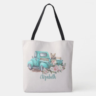 Waterverf Bloemen & Yorkie in Teal Truck Tote Bag