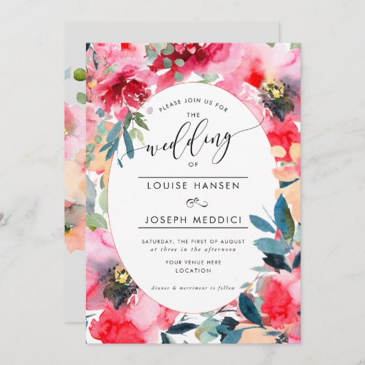 Waterverf Bloemen Zomer Rozen, Rode Ombre Bruiloft Kaart (Voorkant / Achterkant)