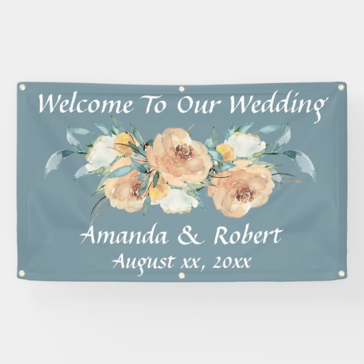 Waterverf Bloemen Zomerbruiloft Blauw Groen Spandoek (Horizontaal)