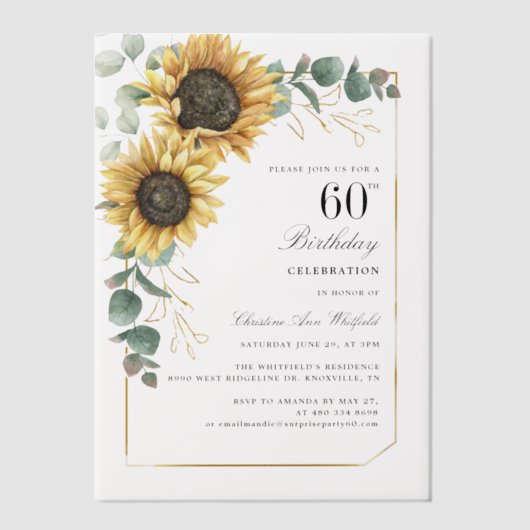 Waterverf Bloemen Zonnebloem 60ste Verjaardagsfees Vellum Uitnodigingen (Voorkant)