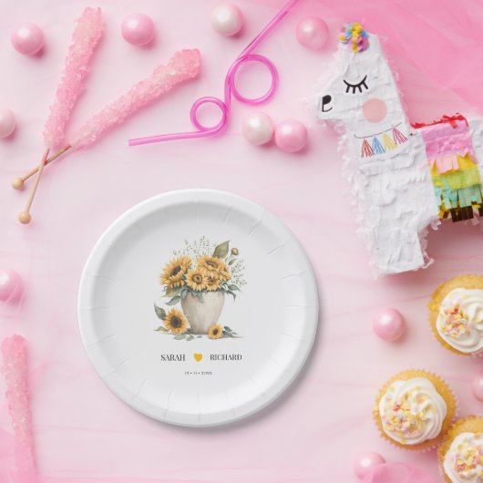 Waterverf Bloemen Zonnebloem Bruiloft Receptie Papieren Bordje (Feest)