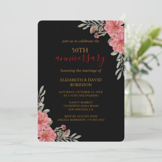 waterverf Bloemen Zwart 50 jarig huwelijk Kaart (Staand voorkant)