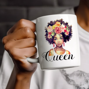 Waterverf Bloemen Zwart Afro Vrouw met Monogram Koffiemok