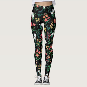  Waterverf Bloemen Zwart Botanisch Leggings