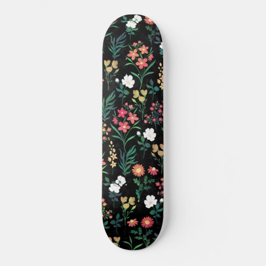  Waterverf Bloemen Zwart Botanisch Persoonlijk Skateboard (Voorkant)