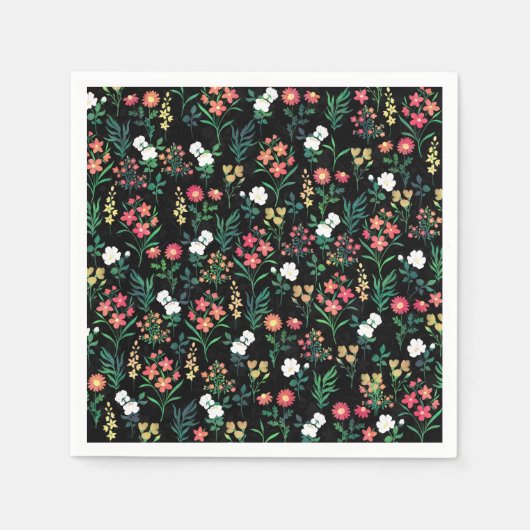  Waterverf Bloemen Zwart Botanisch Servet (Voorkant)