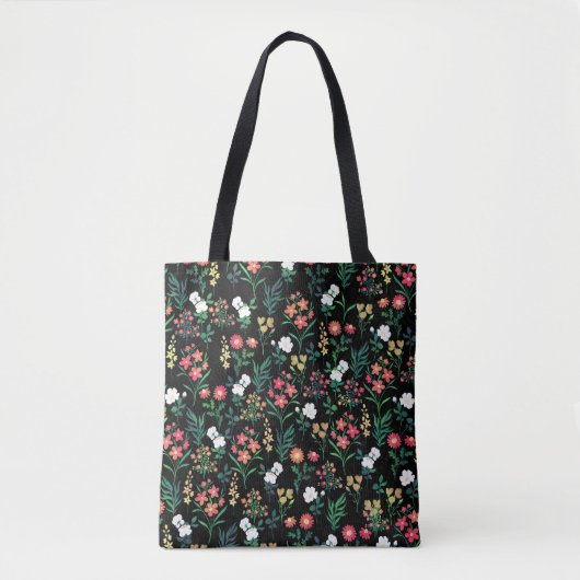  Waterverf Bloemen Zwart Botanisch Tote Bag (Voorkant)