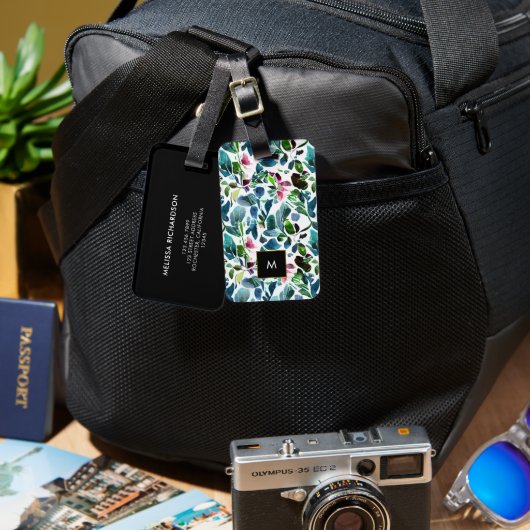 Waterverf bloemen zwart goud monogram bagagelabel (Voorkant /achterkant)