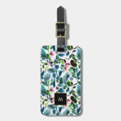 Waterverf bloemen zwart goud monogram bagagelabel (Voorkant verticaal)