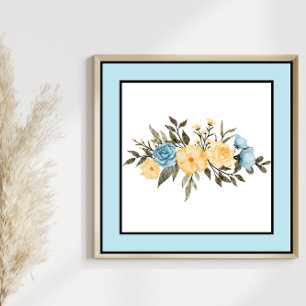 Waterverf Bloemen Zwart Lijnen Blauwe Rand Poster