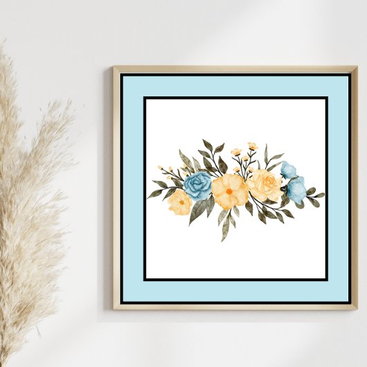  Waterverf Bloemen Zwart Lijnen Blauwe Rand Poster