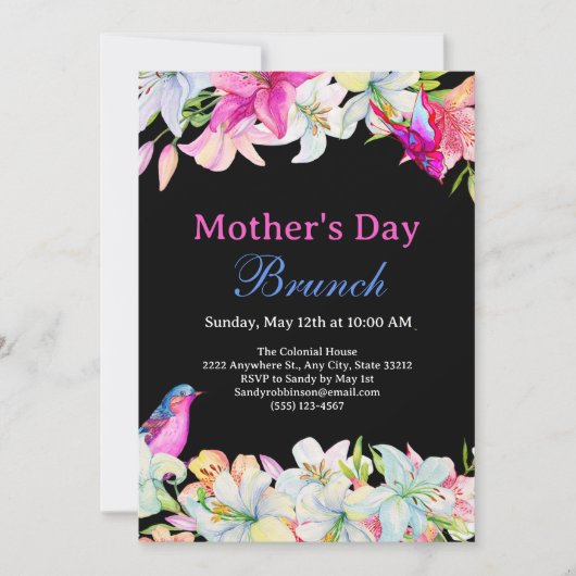  Waterverf Bloemen Zwart Moederdag Brunch Kaart (Voorkant)