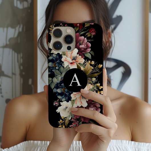 Waterverf Bloemen Zwart Monogram Gepersonaliseerd Case-Mate iPhone Case
