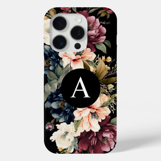 Waterverf Bloemen Zwart Monogram Gepersonaliseerd Case-Mate iPhone Case (Achterkant)