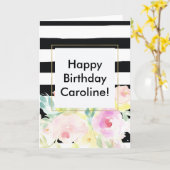 Waterverf Bloemen Zwart Witte Strepen Kaart (Gele Bloem)