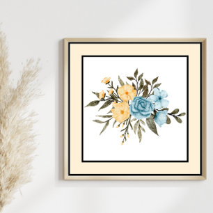 Waterverf Bloemen Zwarte Lijn Gele Rand Poster