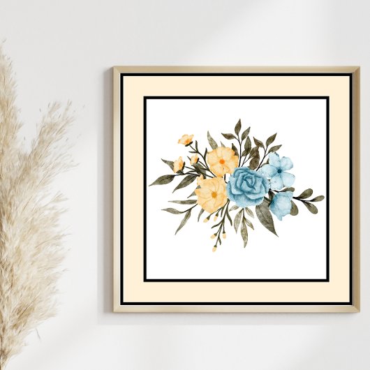  Waterverf Bloemen Zwarte Lijn Gele Rand Poster