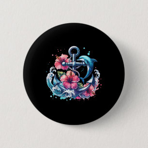 Waterverf Bloemenanker Dolfijn Nautisch Zee Anim Ronde Button 5,7 Cm