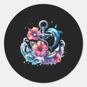 Waterverf Bloemenanker Dolfijn Nautisch Zee Anim Ronde Sticker