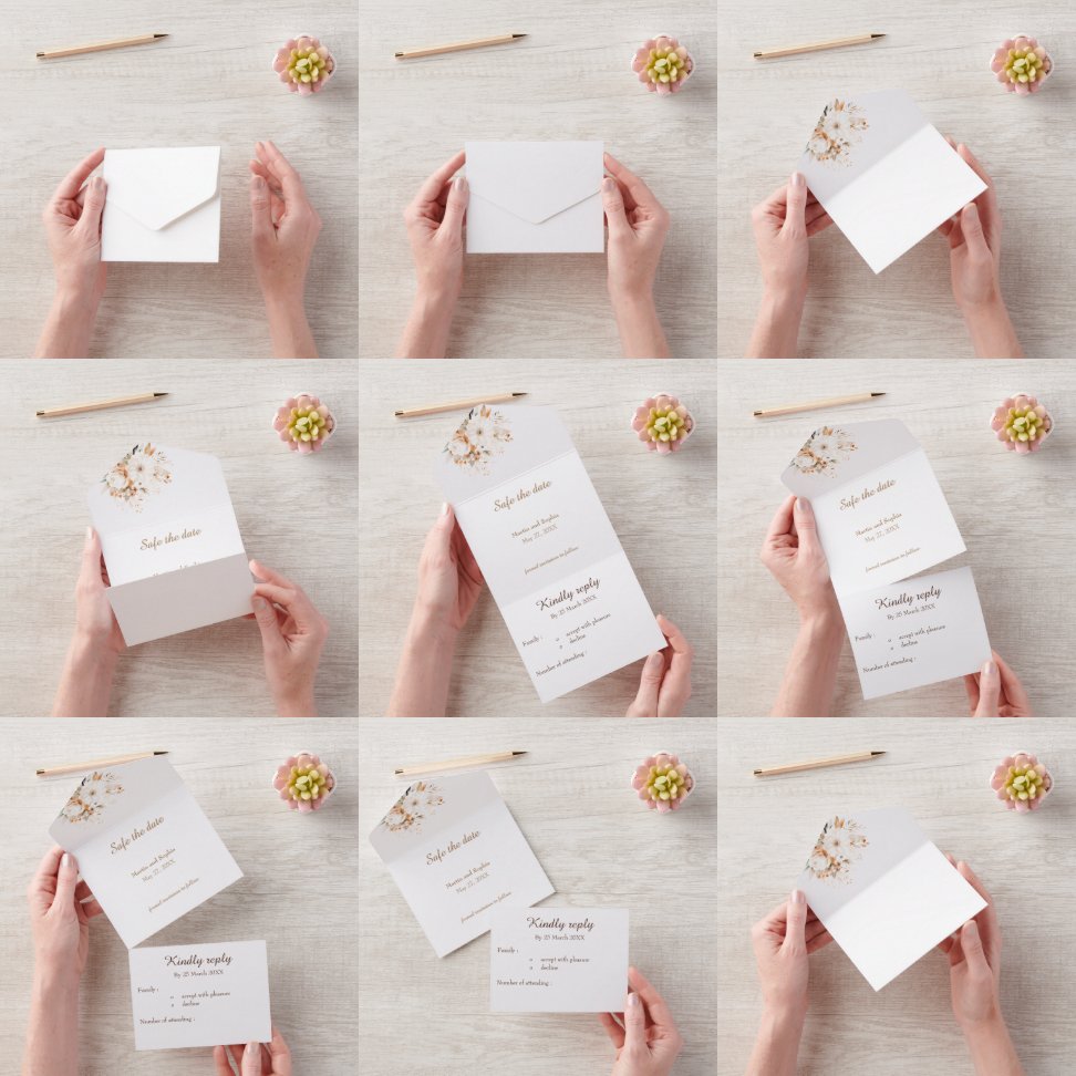 Waterverf bloemenbeige en goud all in one uitnodiging