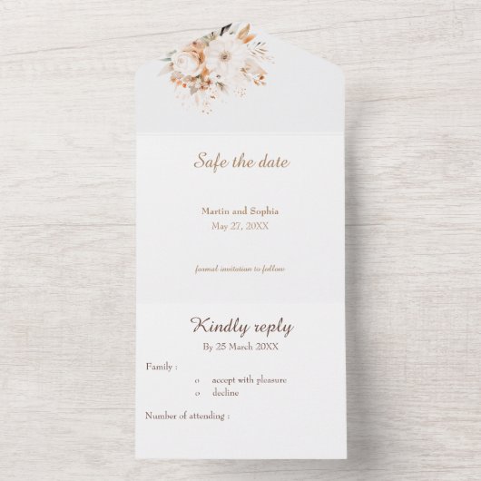 Waterverf bloemenbeige en goud all in one uitnodiging (Binnen)