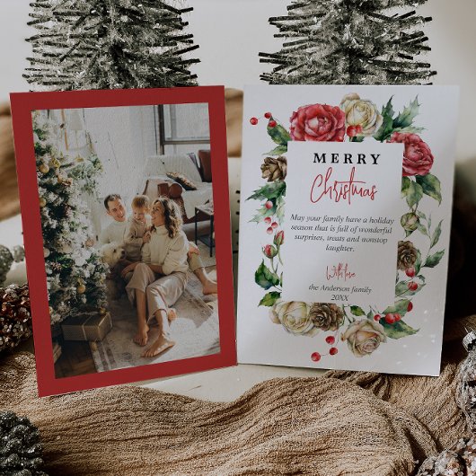 Waterverf Bloemenbessen Lijst Foto Kerst Feestdagenkaart