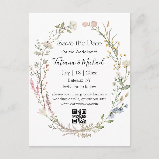 waterverf bloemenbewaar de datum, QR code bruiloft Aankondigingskaart (Voorkant)