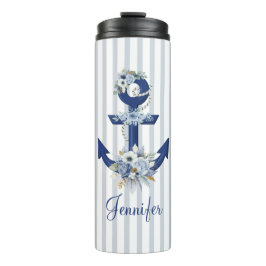 waterverf bloemenblauw nautische strepen naam thermosbeker