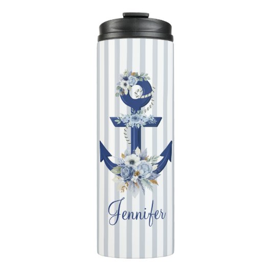 waterverf bloemenblauw nautische strepen naam thermosbeker (Voorkant)
