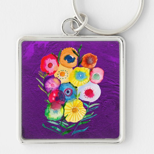 Waterverf bloemenbloemen paarse lolly sleutelhanger (Voorkant)