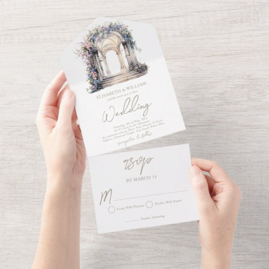 Waterverf Bloemenboog Bruiloft RSVP All In One Uitnodiging (Afscheurbaar)