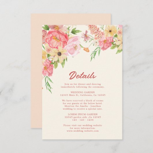 Waterverf bloemenboter geel Trouwdetails Informatiekaartje (Voorkant / Achterkant)