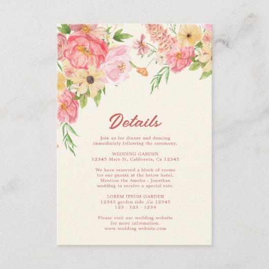 Waterverf bloemenboter geel Trouwdetails Informatiekaartje (Voorkant)