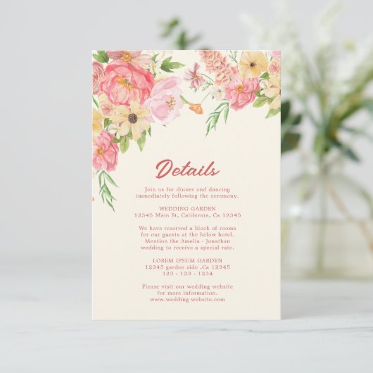 Waterverf bloemenboter geel Trouwdetails Informatiekaartje (Staand voorkant)