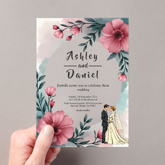 Waterverf Bloemenbruid en bruidegom Elegante bruil Acryl Uitnodigingen (Insitu (Draagbaar))