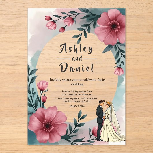 Waterverf Bloemenbruid en bruidegom Elegante bruil Acryl Uitnodigingen (Voorkant)