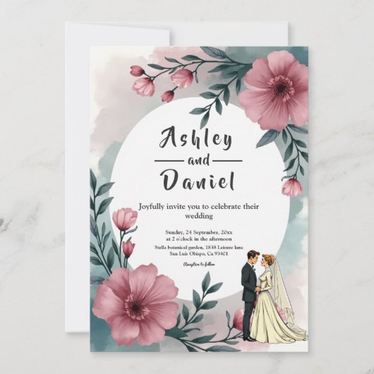 Waterverf Bloemenbruid en bruidegom Elegante bruil Kaart (Voorkant)