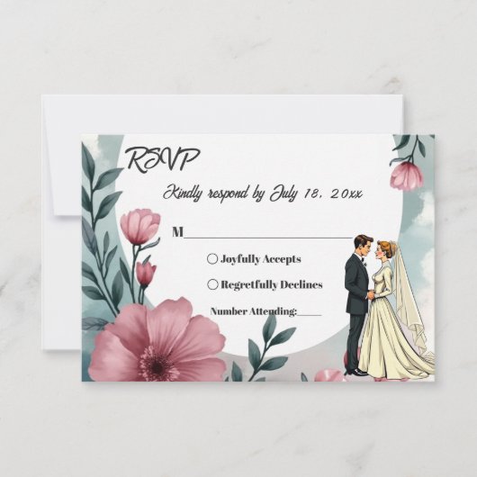 Waterverf Bloemenbruid en bruidegom Elegante bruil RSVP Kaartje (Voorkant)