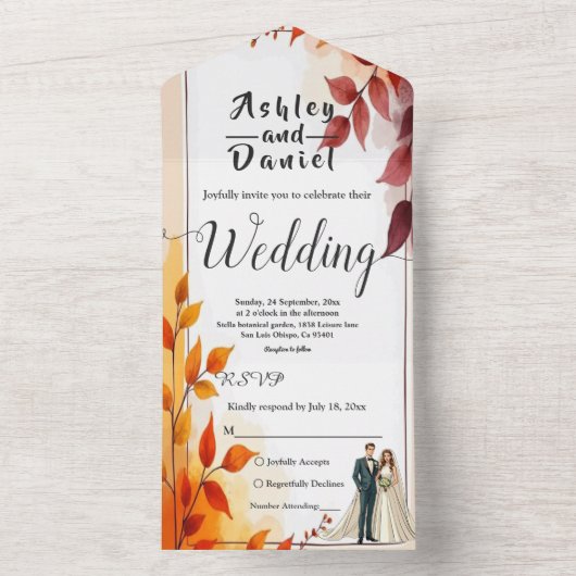 Waterverf Bloemenbruid en bruidegom herfstbruiloft All In One Uitnodiging (Binnen)