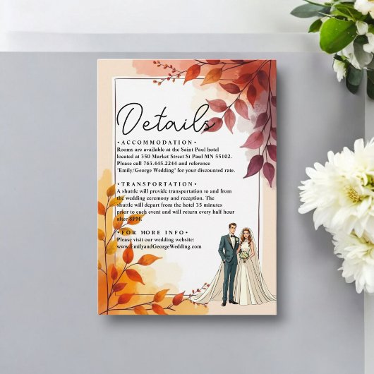 Waterverf Bloemenbruid en bruidegom herfstbruiloft Informatiekaartje