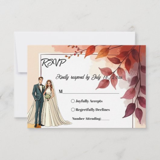 Waterverf Bloemenbruid en bruidegom herfstbruiloft RSVP Kaartje (Voorkant)