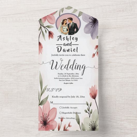 Waterverf Bloemenbruid en bruidegom Romantische br All In One Uitnodiging (Binnen)