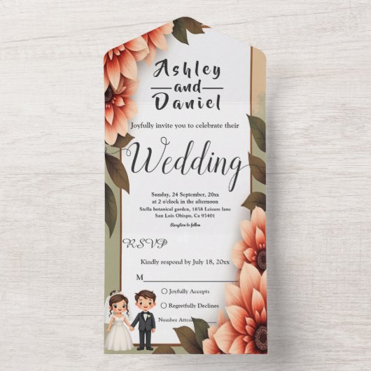 Waterverf Bloemenbruid en bruidegom Romantische br All In One Uitnodiging (Binnen)