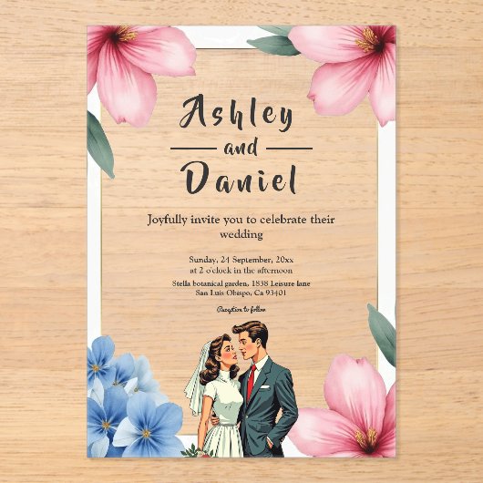 Waterverf Bloemenbruid en bruidegom Zomerbruiloft Acryl Uitnodigingen (Voorkant)