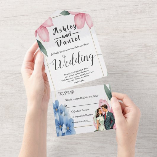 Waterverf Bloemenbruid en bruidegom Zomerbruiloft All In One Uitnodiging (Afscheurbaar)