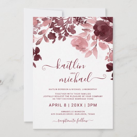 Waterverf Bloemenbruiloft - Bourgondië & Roze Kaart (Voorkant)