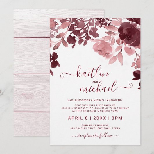 Waterverf Bloemenbruiloft - Bourgondië & Roze Kaart (Voorkant / Achterkant)