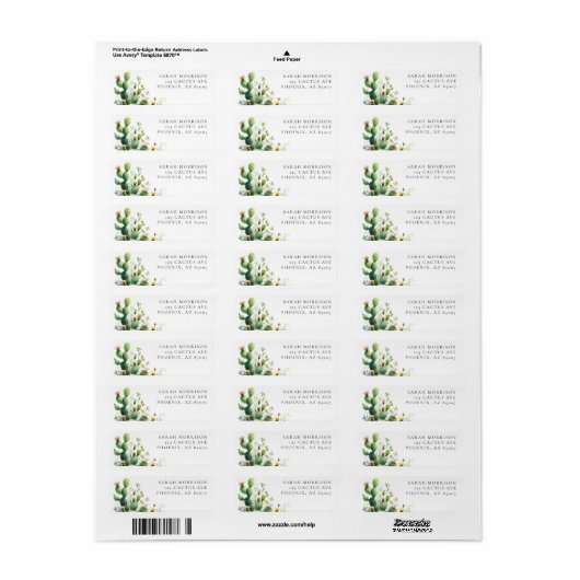 Waterverf Bloemencactus gepersonaliseerd adres Etiket (Full Sheet)