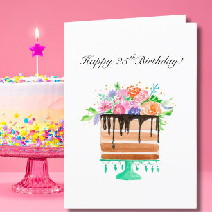 Waterverf Bloemencake Gefeliciteerd 25e Verjaardag Feestdagen Kaart